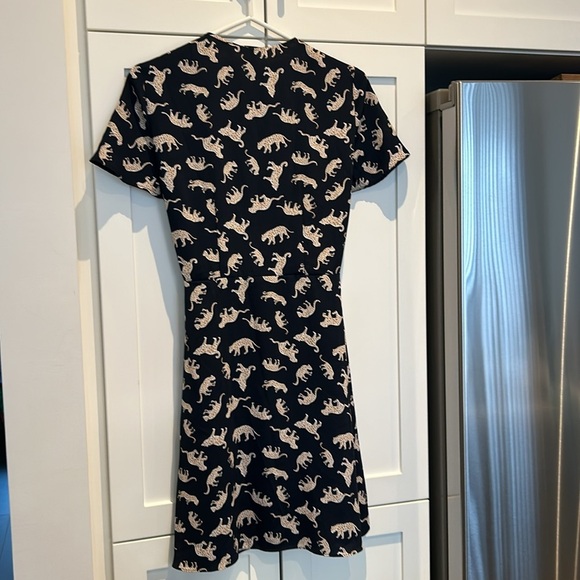J.Crew Navy Leopard Cat Print Short Sleeve A-Line Wrap Dress Size 2 Tie Waist - Picture 9 of 16